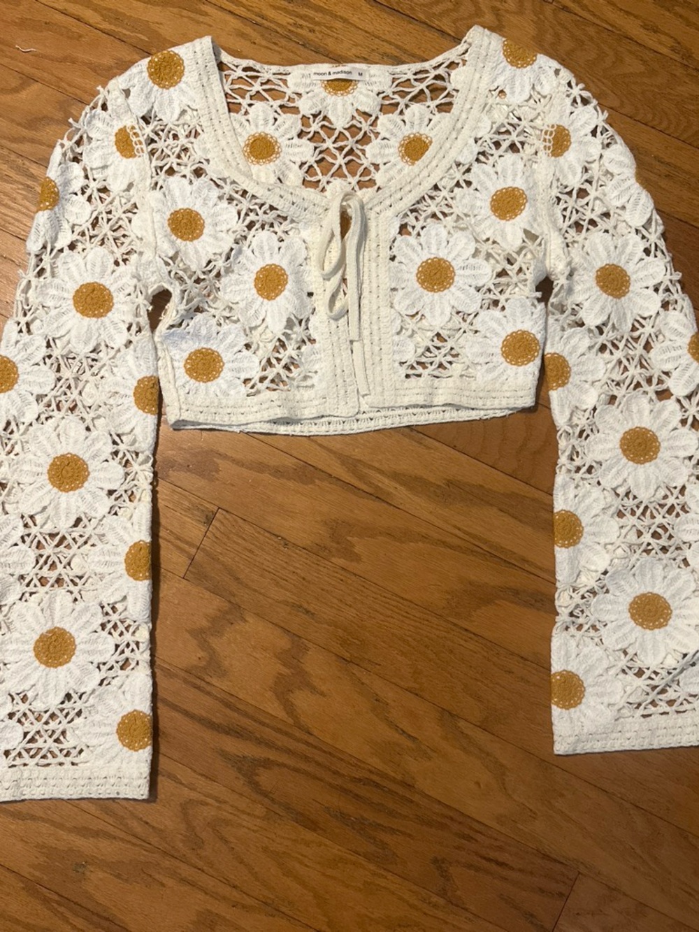 Crochet Daisy Crop Cardigan in White and Mustard